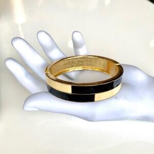 Black Enamel Gold Tone Hinged Bangle Designer Style Chic